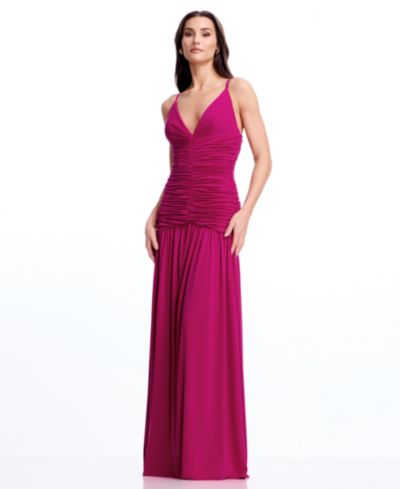 Dress the Population Women's Sleeveless Deep V-Neck Ruched Maxi Dress