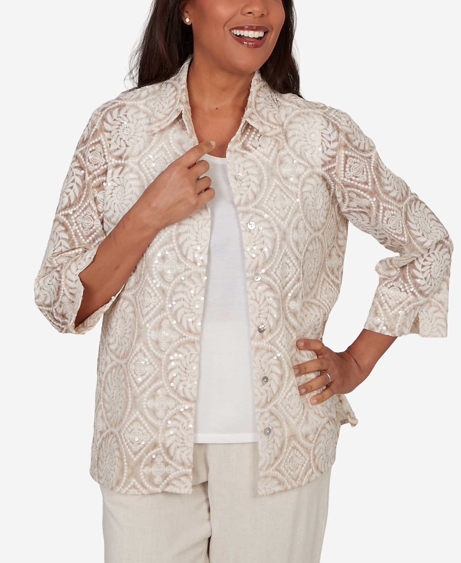 Женский топ Alfred Dunner Natural Wonder Sequin Medallion Two-In-One Collar
