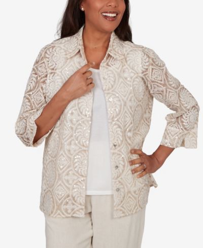 Alfred Dunner Women's Natural Wonder Sequin Medallion Two-In-One Collar Top