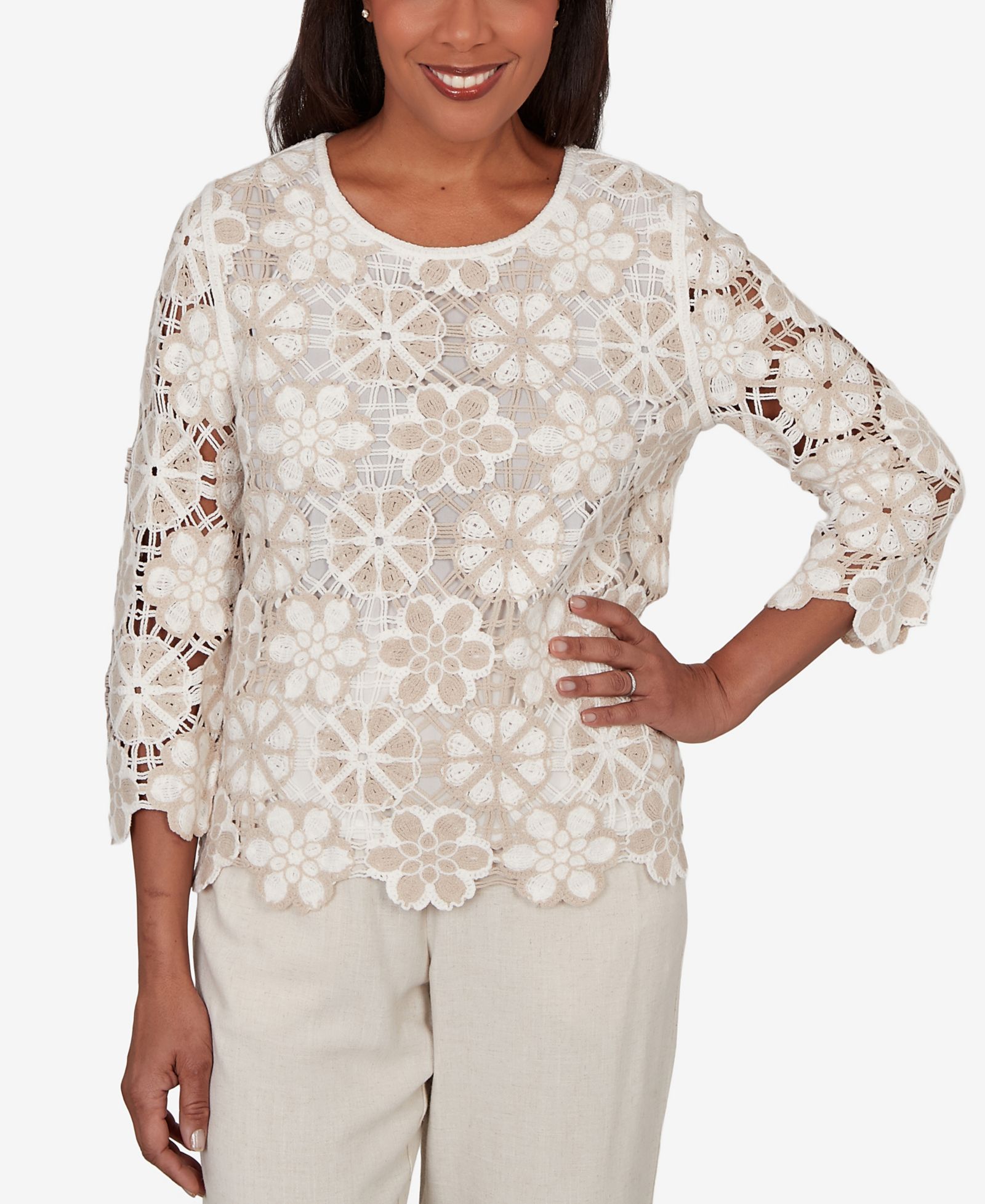 Alfred Dunner Women's Natural Wonder Floral Crochet Three-Quarter-Sleeve Top