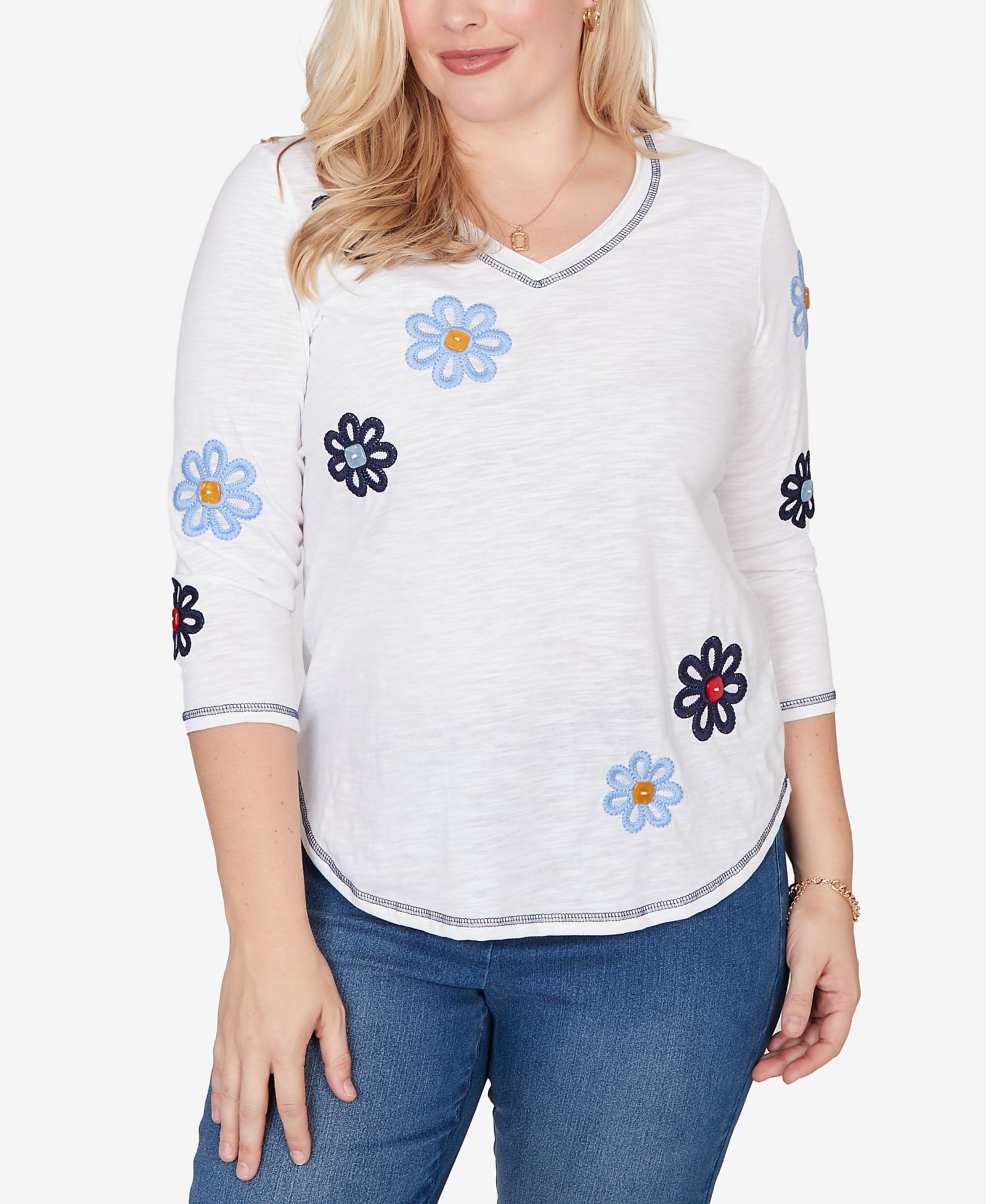 Alfred Dunner Women's Port Side Embellished Floral Button Top