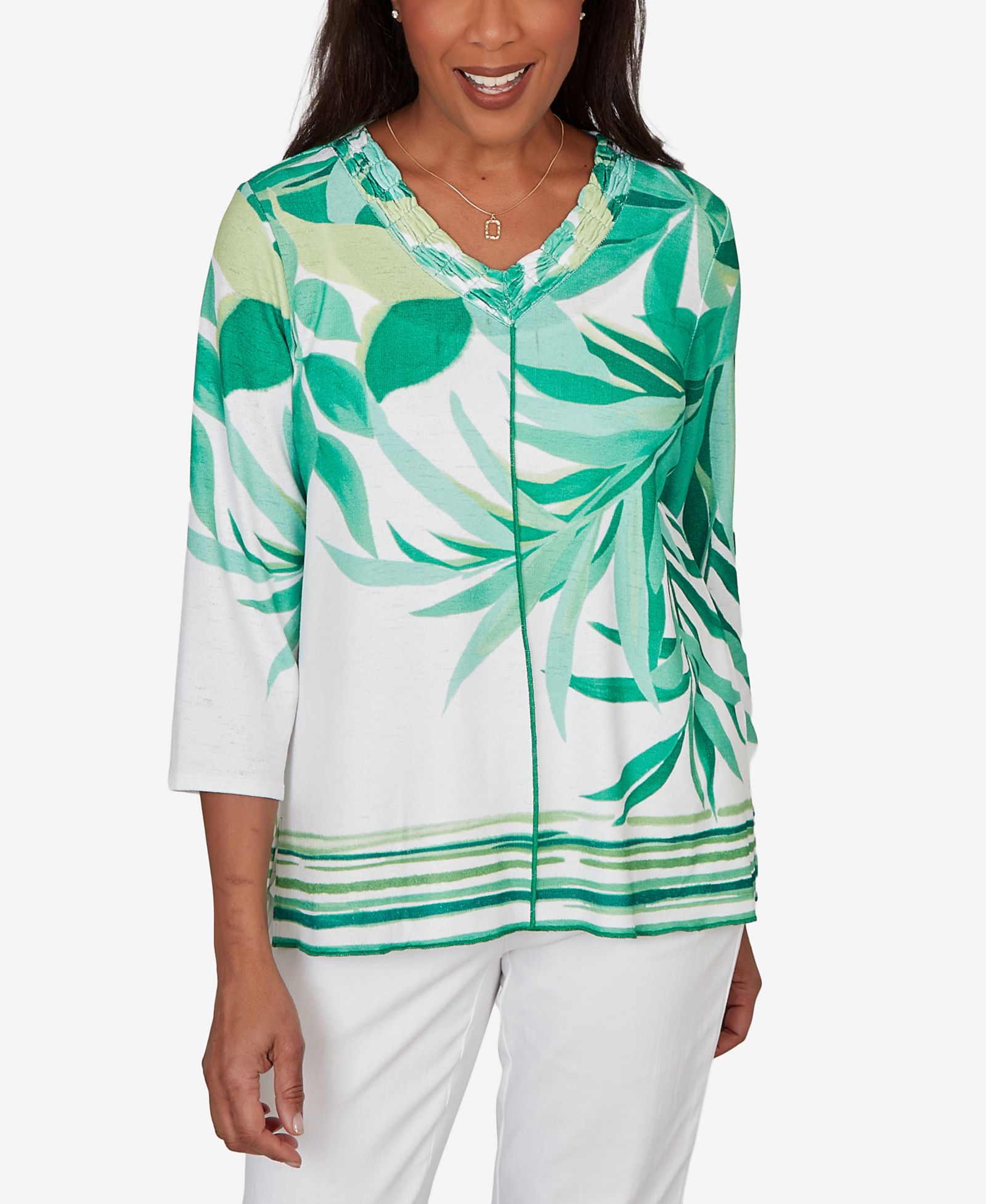 Alfred Dunner Women's Resort Living Artisan Leaf Bordered V-Neck Top