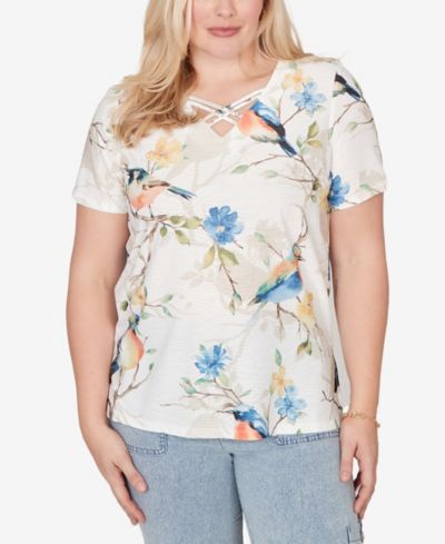 Alfred Dunner Women's Out of the Blue Chickadees Embellished V-Neck Top