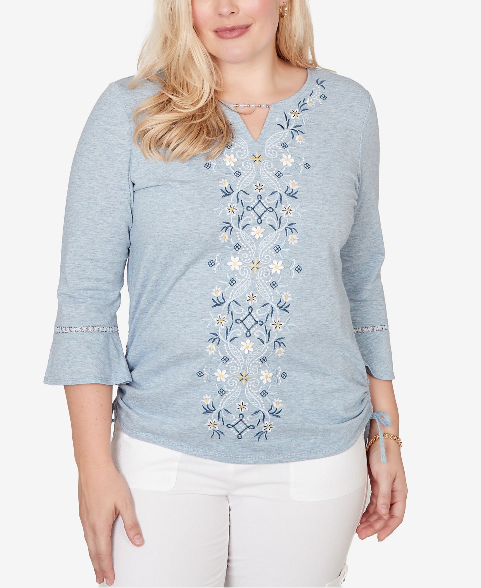 Alfred Dunner Women's Out of the Blue Center Scroll Embroidered Side Tie Top