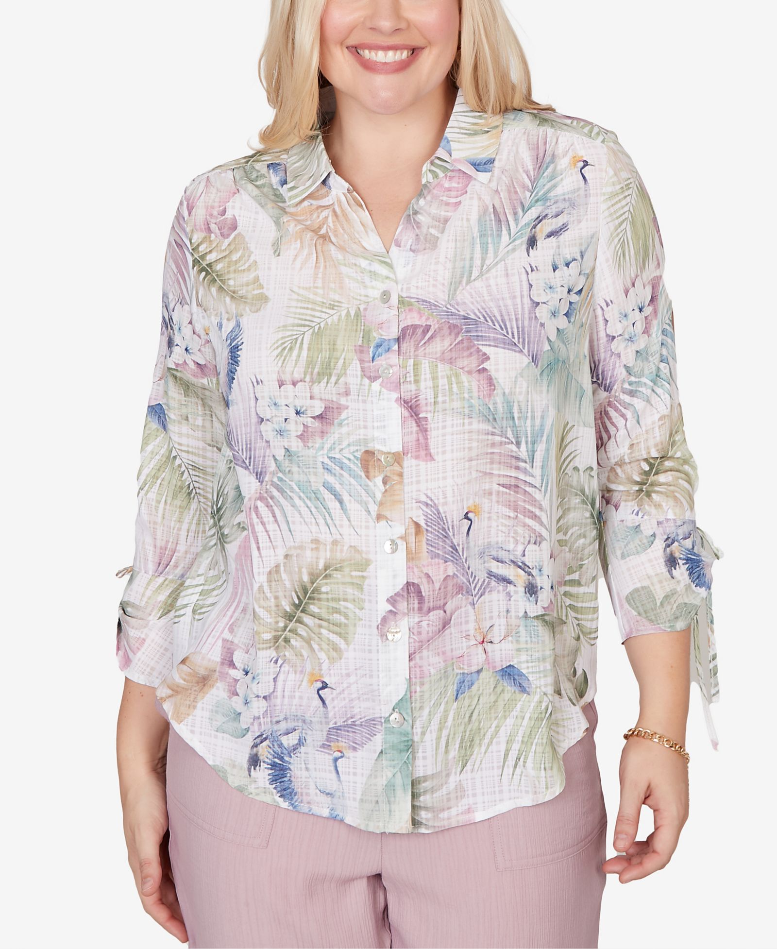 Alfred Dunner Women's Vintage Charm Tropical Button-Front Tie-Sleeve Top