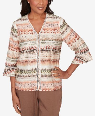 Alfred Dunner Women's Spice Market Biadere Stripe Center Seam V-Neck Top