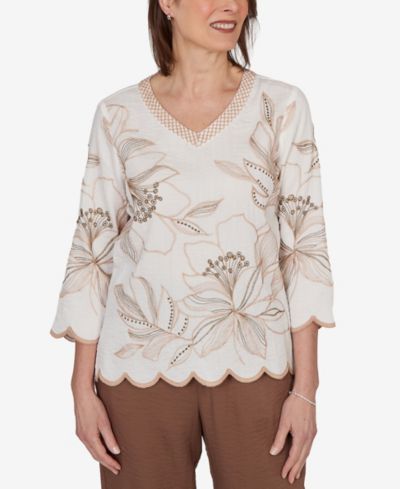 Alfred Dunner Women's Spice Market Embroidered Floral V-Neck Textured Top