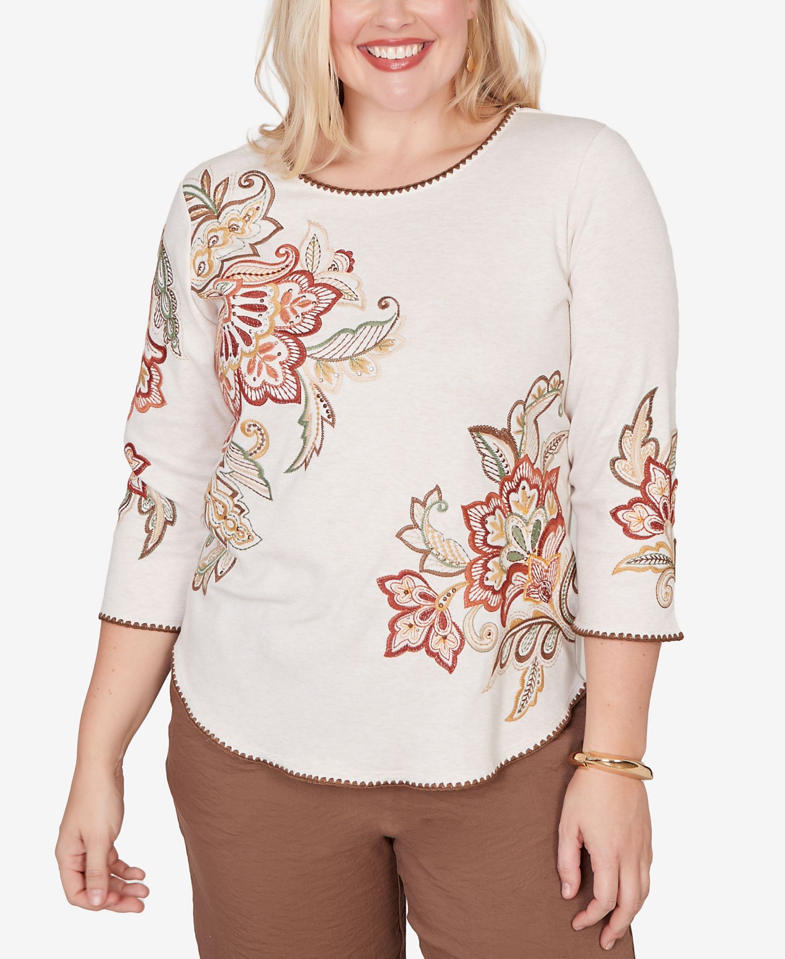 Alfred Dunner Women's Spice Market Asymmetrical Scroll Floral Round Hem Top