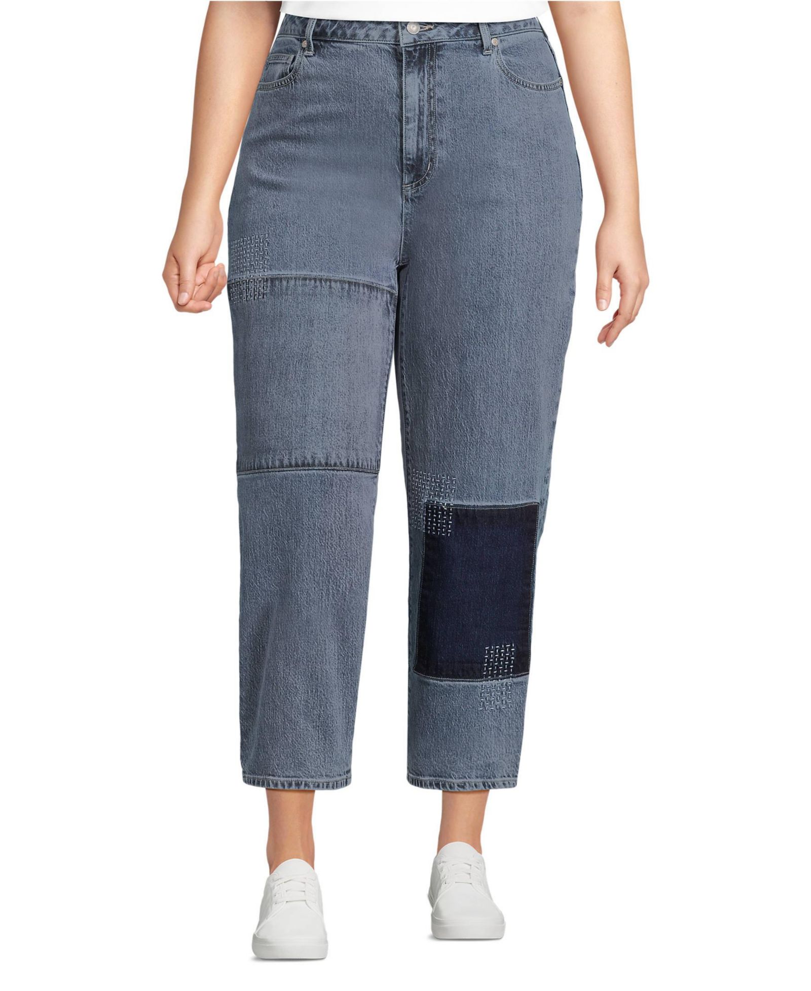 Lands' End Women's Soft Denim Mid Rise Relaxed Straight Crop Patchwork Jeans