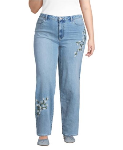 Lands' End Women's Soft Denim Mid Rise Relaxed Straight Leg Embroidered Jeans