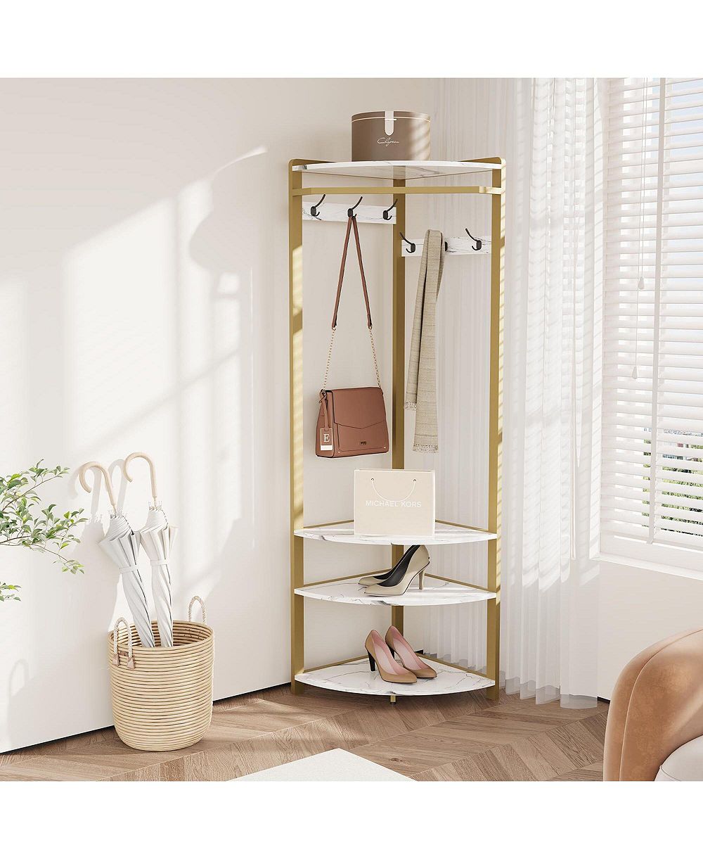 gaomon Corner Clothes Rack with Shoe Bench - 6 Double Hooks Modern Entryway Corner Coat Rack