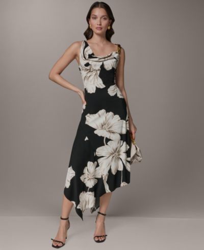 Donna Karan New York Женское миди платье без рукавов Floral Cowl Neck Asymmetrical