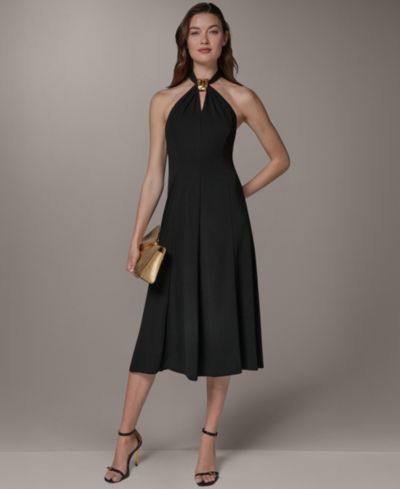 Donna Karan New York Women's Sleeveless Halter Midi with Contour Hardware Dress