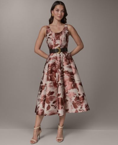 Donna Karan New York Women's Sleeveless Floral Jacquard Scoop Neck Midi A-Line Dress