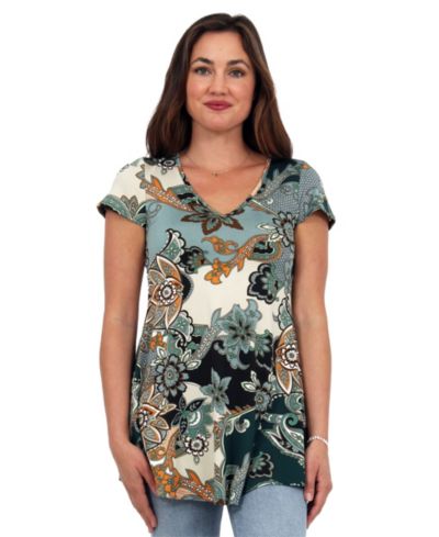 24seven Comfort Apparel Women's Floral Print V-Neck Top
