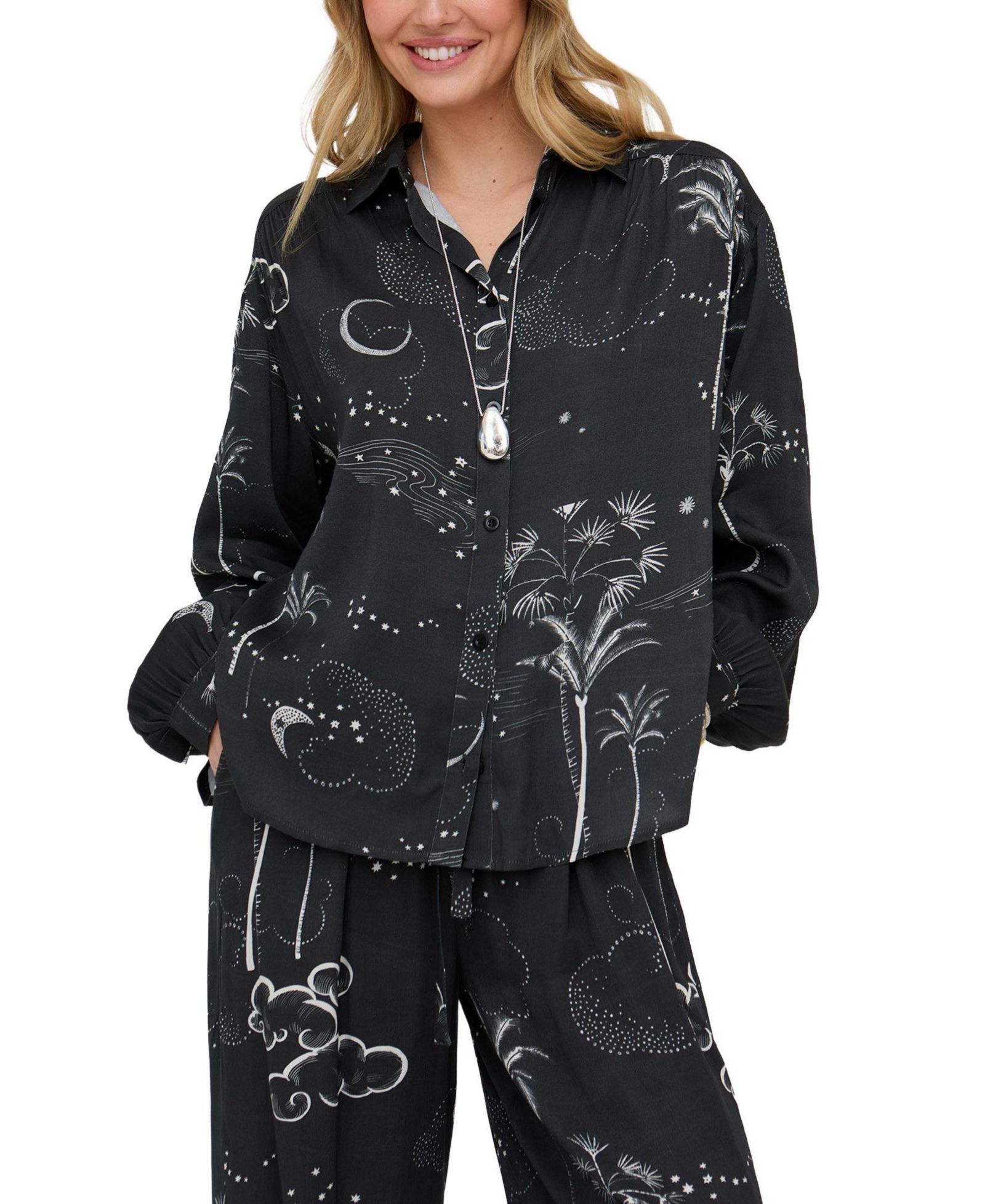 Raffya Women's Palm Button Down Palm Print Shirt