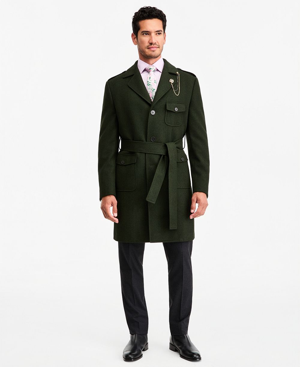 Tayion Collection Men's Classic-Fit Green Herringbone Overcoat