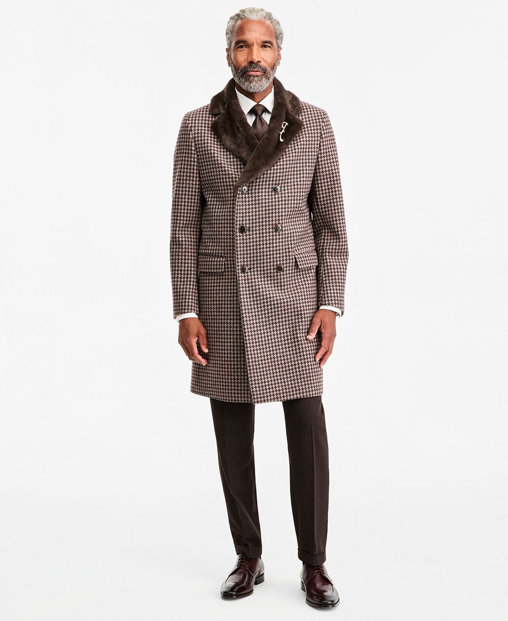 Tayion Collection Men's Regular Fit Tan Houndstooth Double-Breasted Overcoat
