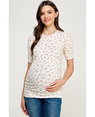 Hello Miz Maternity Floral Ribbed Ruched Puff-Sleeve Fitted Top