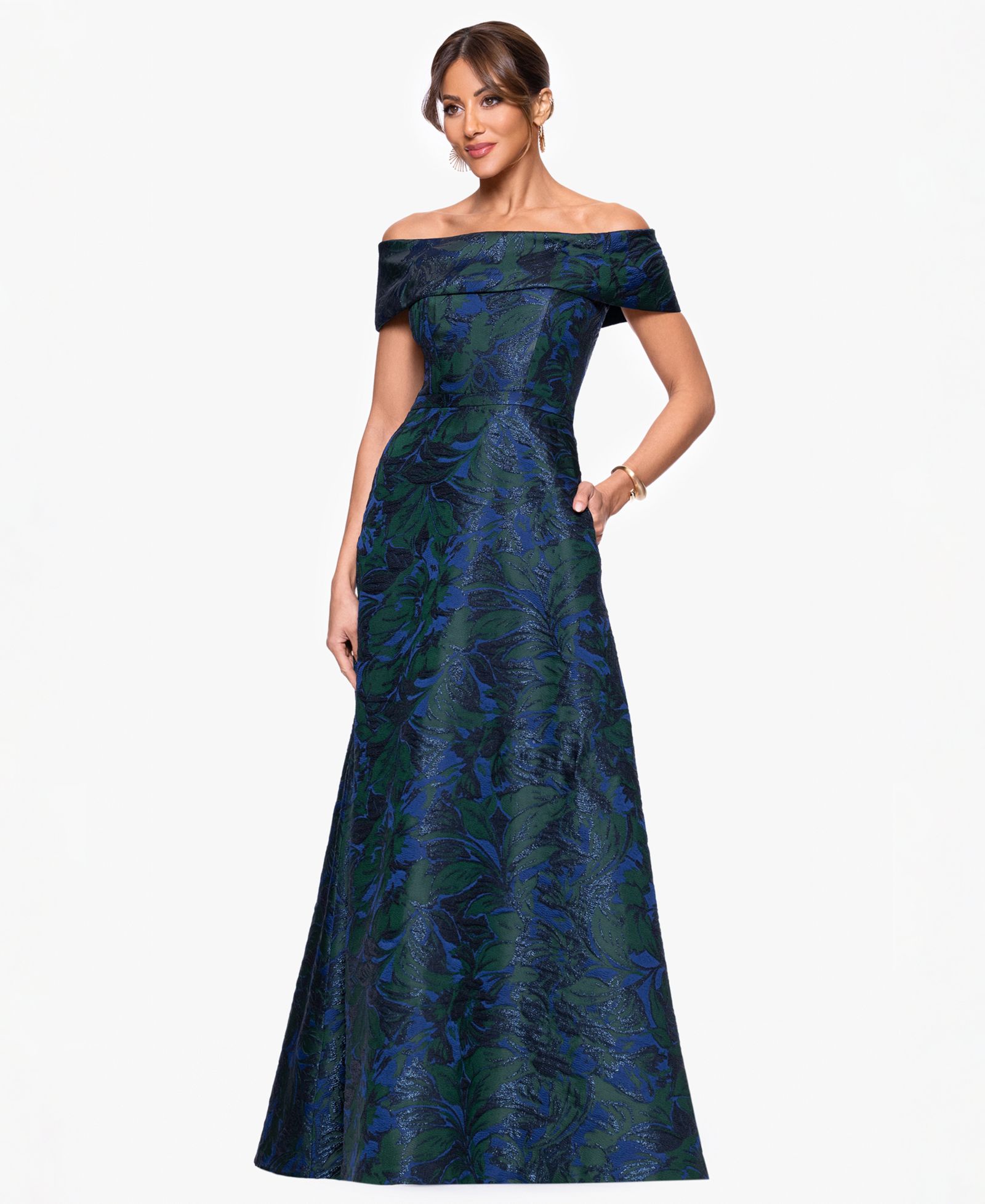 XSCAPE Petite Off-The-Shoulder Jacquard Ball Gown