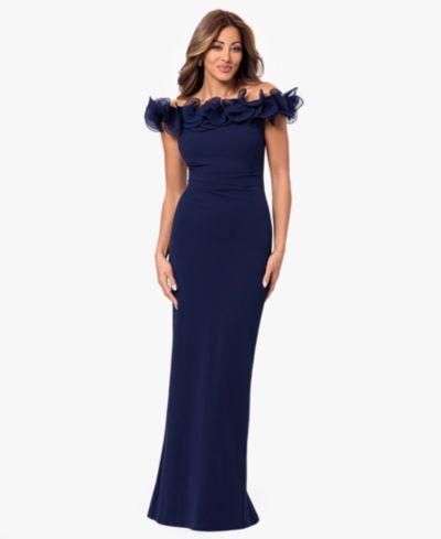 XSCAPE Petite Off-The-Shoulder Ruched Wire Sheath Gown