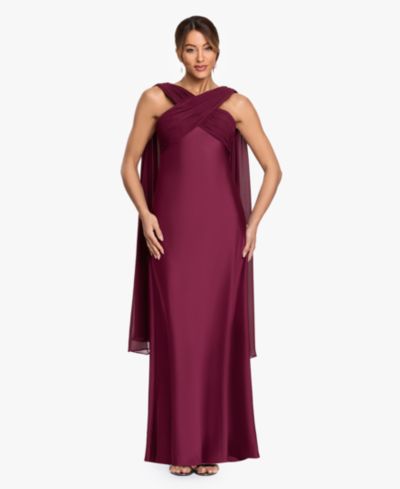 Betsy & Adam Petite Criss Cross Halter Neck Chiffon Cape Ball Gown