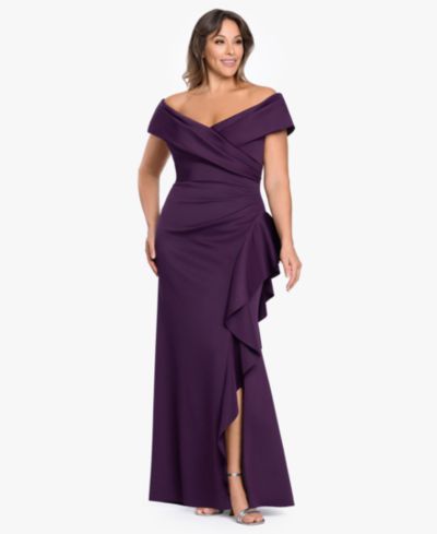 XSCAPE Plus Sweetheart Neck Side Ruffle Off-The-Shoulder Long Dress