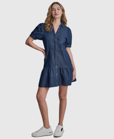DKNY Jeans Женское джинсовое мини-платье с многоярусными пышными рукавами и воротником