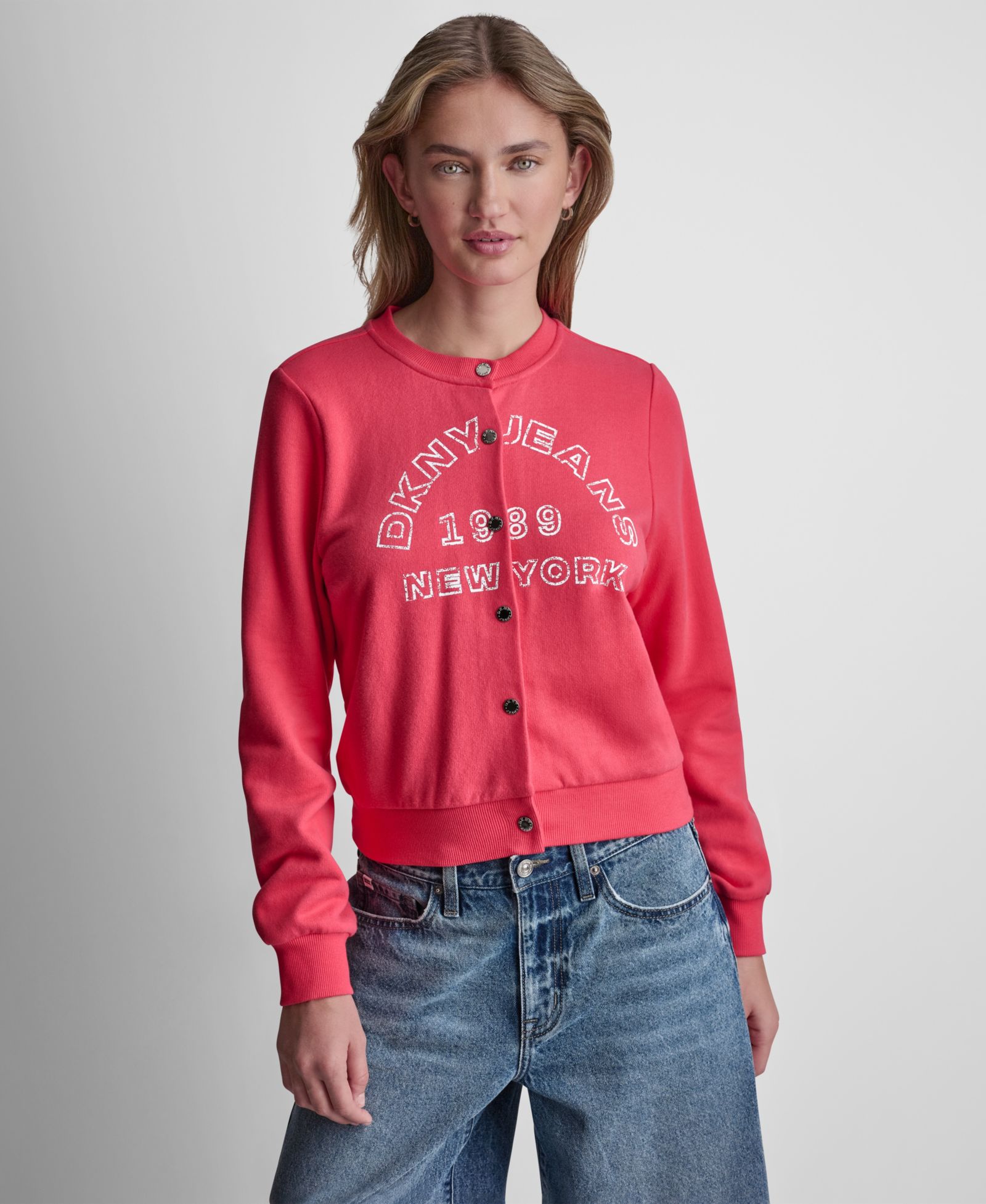 DKNY Jeans Women's Long-Sleeve Logo Button-Front Shrunken Jacket