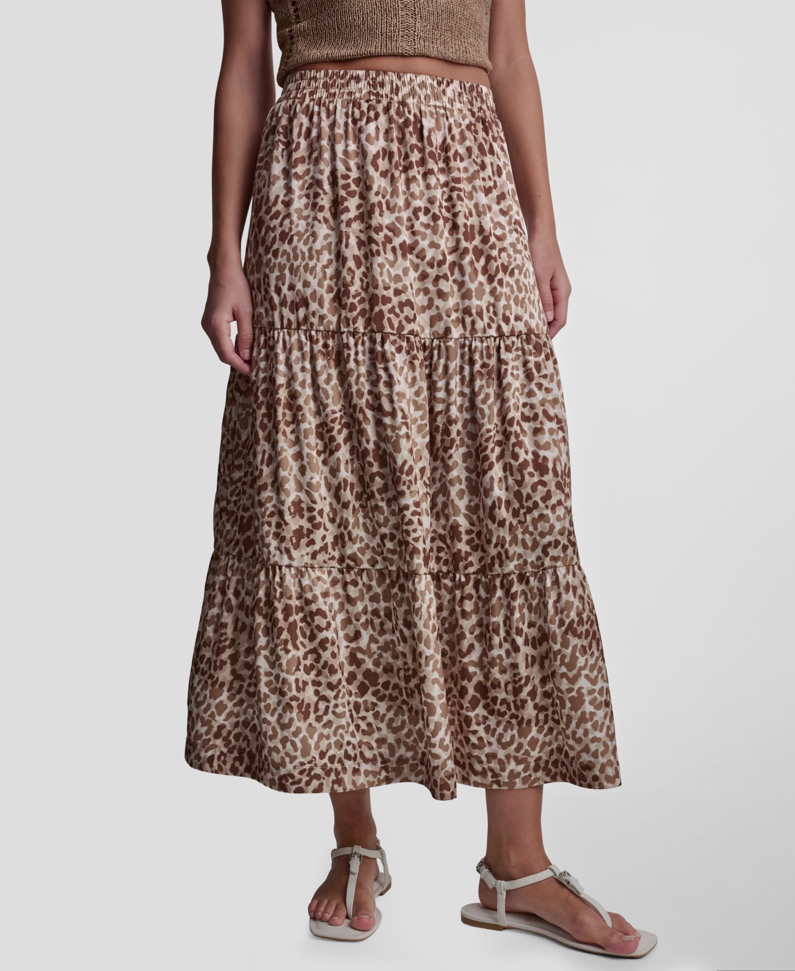 DKNY Jeans Women's Printed Elastic Waistband Tiered Satin Skirt