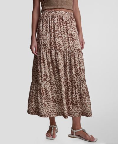 DKNY Jeans Women's Printed Elastic Waistband Tiered Satin Skirt