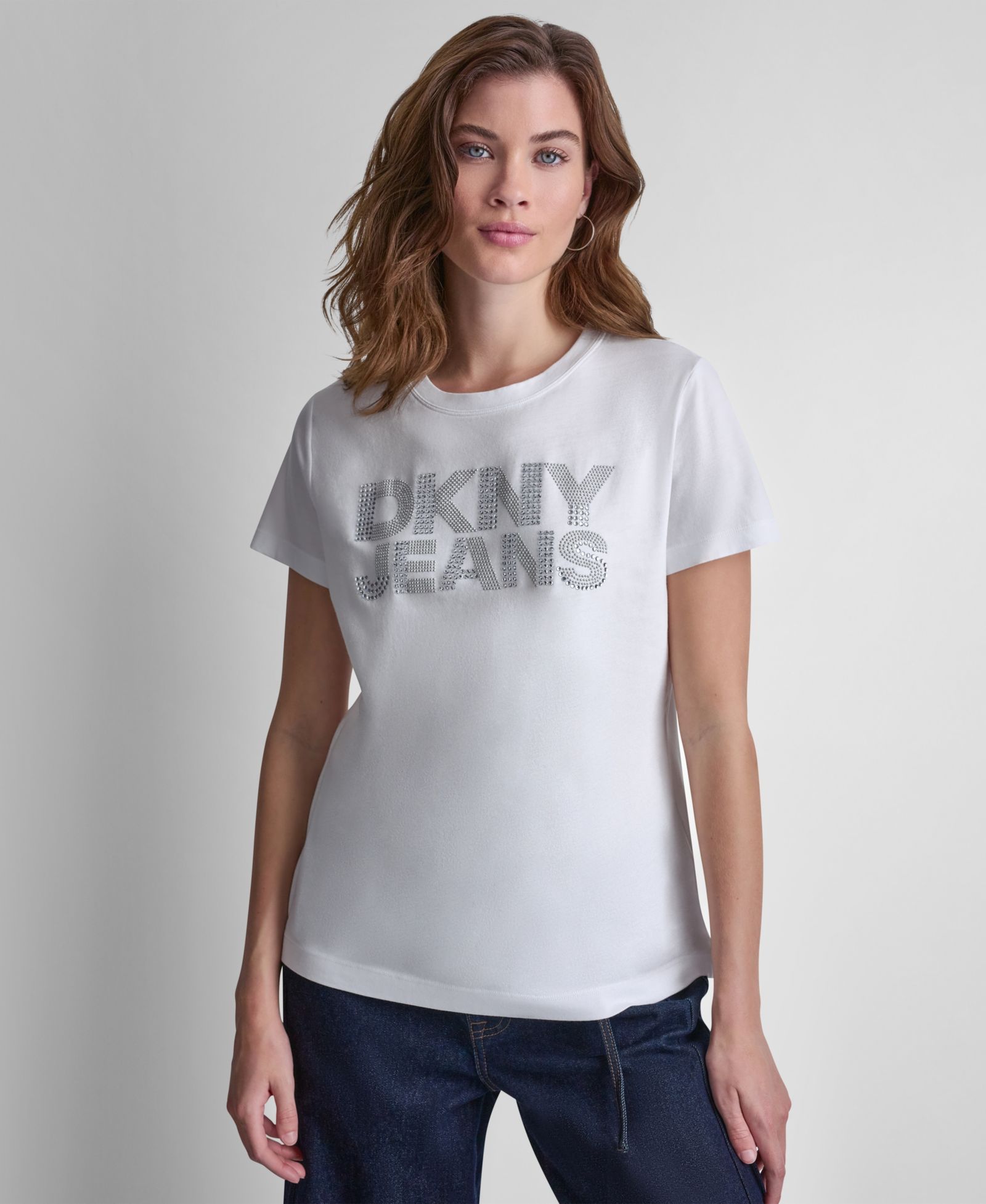 DKNY Jeans Women's Stacked Rhinestone Dome Stud Logo Crewneck T-Shirt