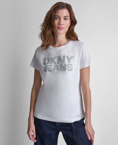 DKNY Jeans Women's Stacked Rhinestone Dome Stud Logo Crewneck T-Shirt