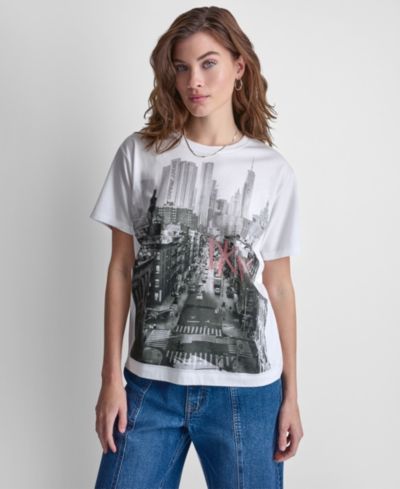 DKNY Jeans Women's New York Stacked Two-Tone Sequin Logo Crewneck T-Shirt
