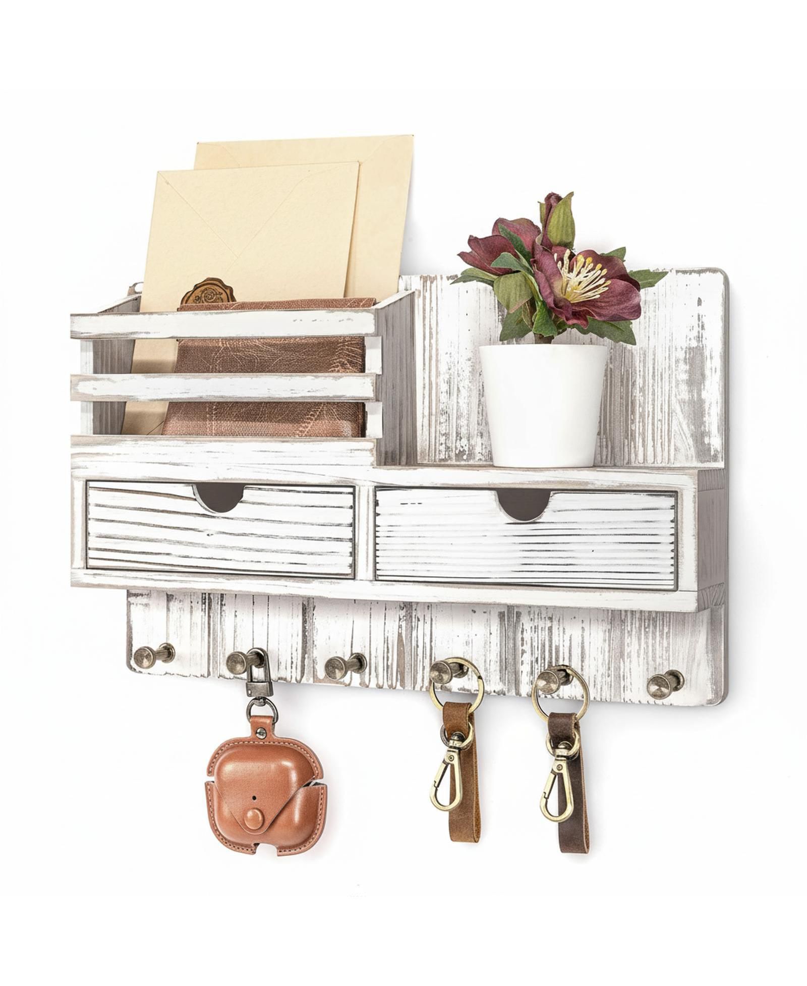YIGII Wall Mounted Key Holder with 2 Drawers 6 Hooks Shelf Mail Organizer Decor