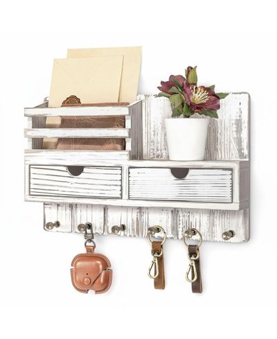 YIGII Wall Mounted Key Holder with 2 Drawers 6 Hooks Shelf Mail Organizer Decor