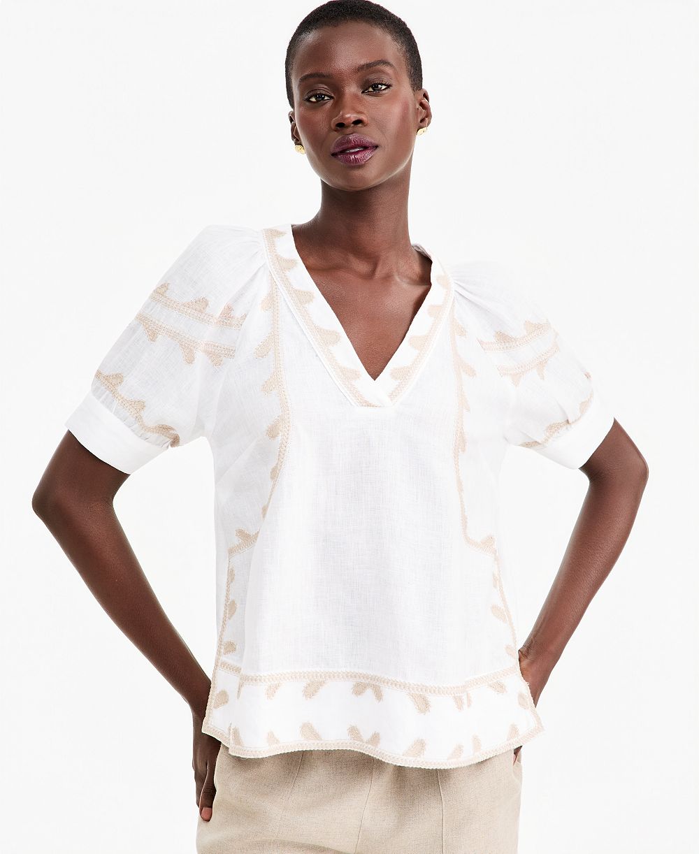 Charter Club Women's 100% Linen Puff-Sleeve Embroidered Blouse, Macy's Exclusive
