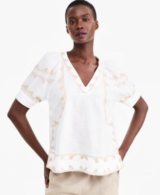 Charter Club Women's 100% Linen Puff-Sleeve Embroidered Blouse, Macy's Exclusive
