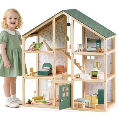 Tiny Land Sweetwood Evergreen 6-Room Wooden Dollhouse with 31-Piece Furniture, Ages 3+