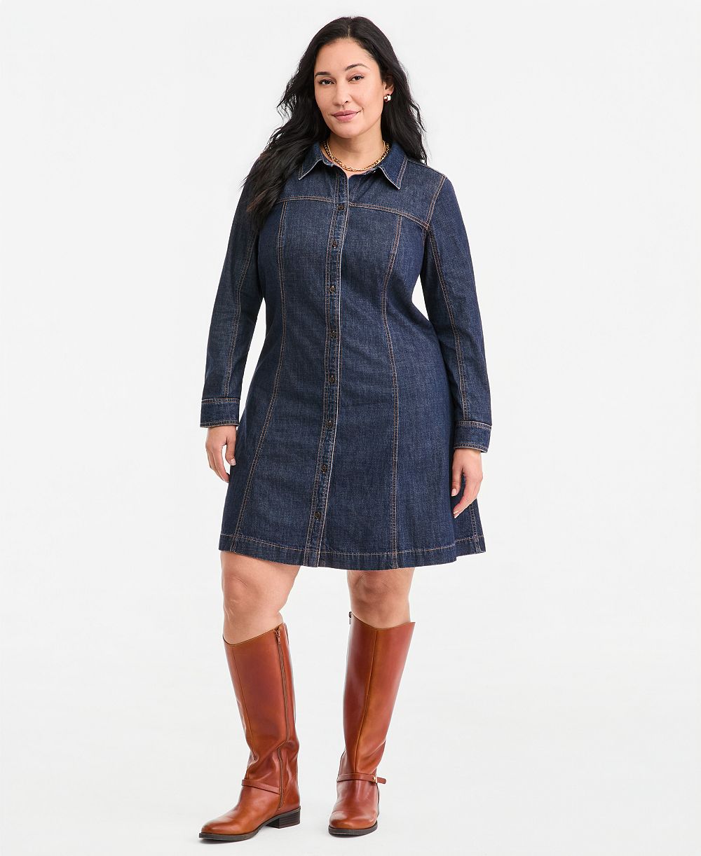 On 34th Plus Size Denim Long-Sleeve Mini Dress, Macy's Exclusive
