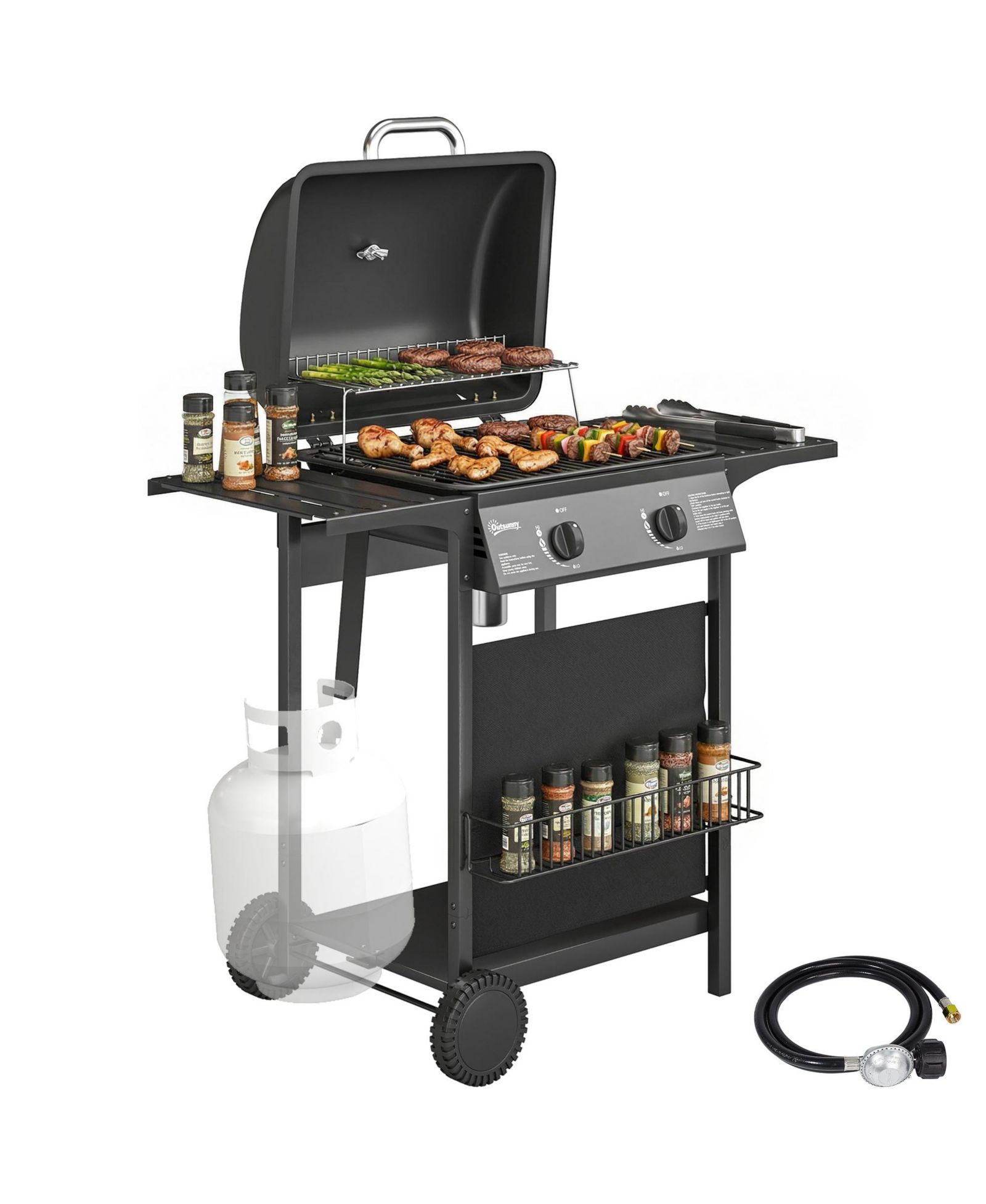 Газовый гриль Outsunny на 2 горелки, BBQ гриль с колесами, 18000 BTU