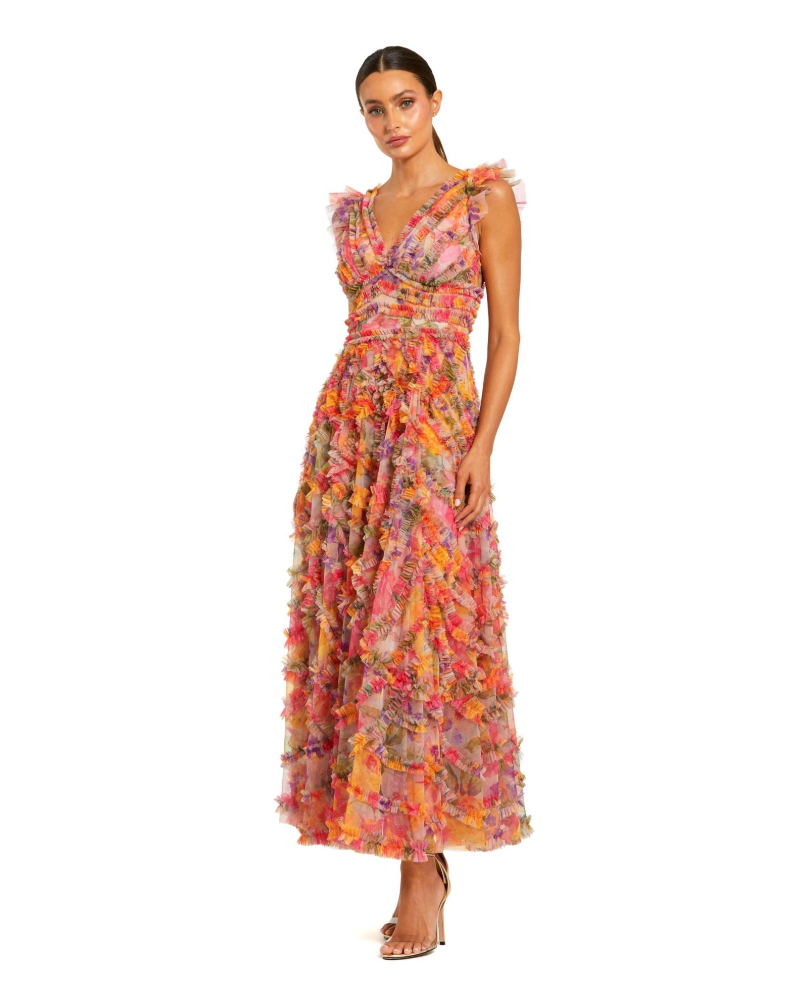 Макси-платье Mac Duggal Petite Multicolor Floral V-Neck Ruffle
