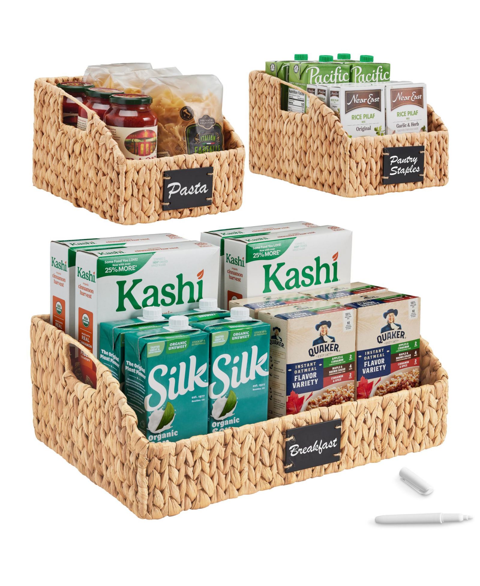 Best Choice Products Hyacinth Angled Pantry Storage Baskets W/ Handles, Chalkboard and Marker (Set of 3)