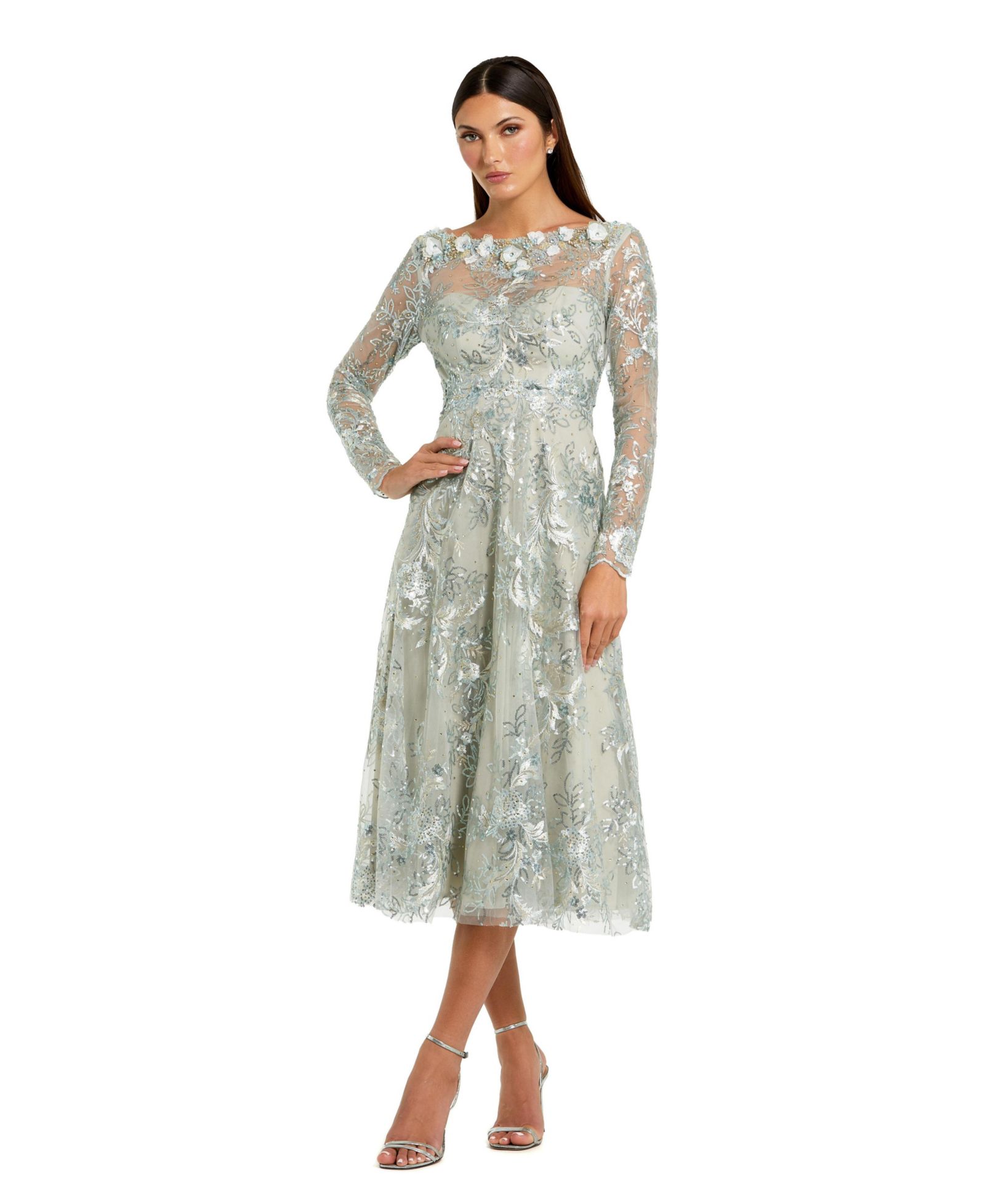 Женское миди-платье Mac Duggal Floral Embroidered Long Sleeve