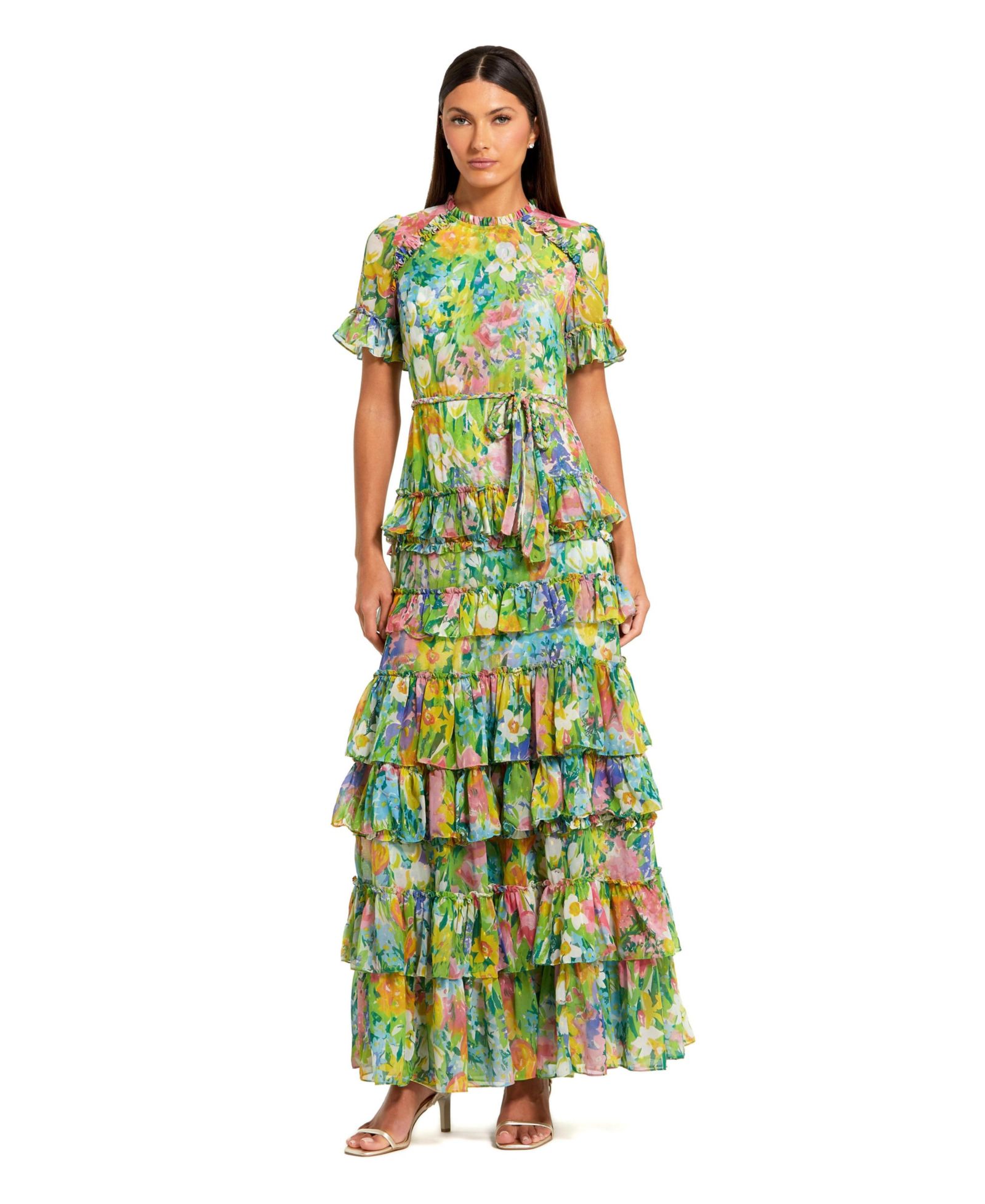 Платье Mac Duggal Petite Green Ruffle Tiered Chiffon Floral