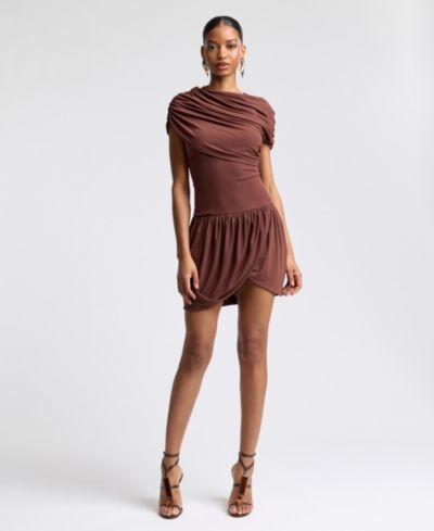 Avec Les Filles Women's Draped Mesh One Shoulder Mini Dress