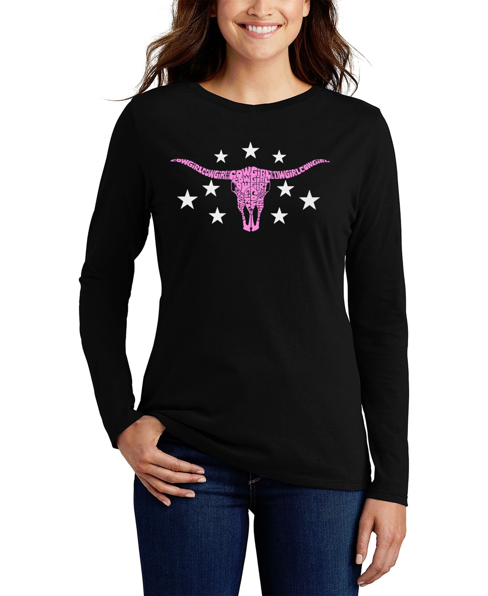 LA Pop Art Женская свободная футболка с принтом Cowgirl Cowskull Word Art