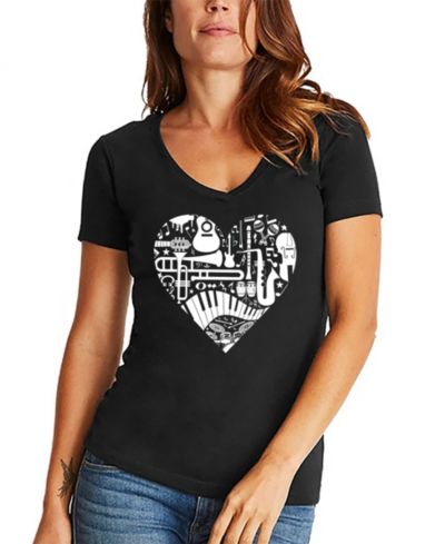 LA Pop Art Women's Musical Instrument Heart Word Art V-Neck T-Shirt