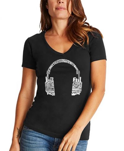 LA Pop Art Women's Mood Headphones Word Art V-Neck T-Shirt