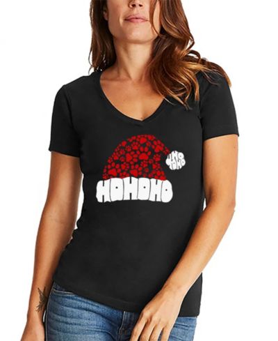 Футболка LA Pop Art Women's Paw Print Santa Hat Word Art V-Neck